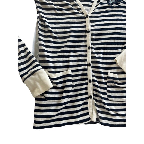 Loft womens medium Cardigan Stripes Navy White button up flower applique - Picture 3 of 6